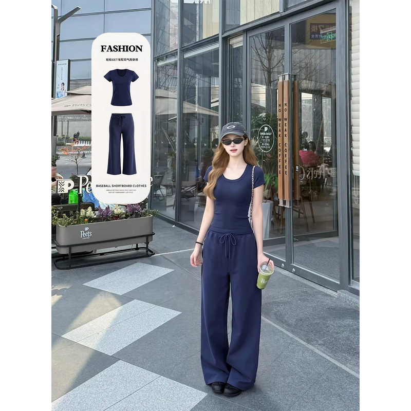 Navy Blue Sports Fitness Casual Set Yoga Outfit Korean Style Slim Fit Regular Shoulder Short-Sleeve Top Slimming Pants Outfit