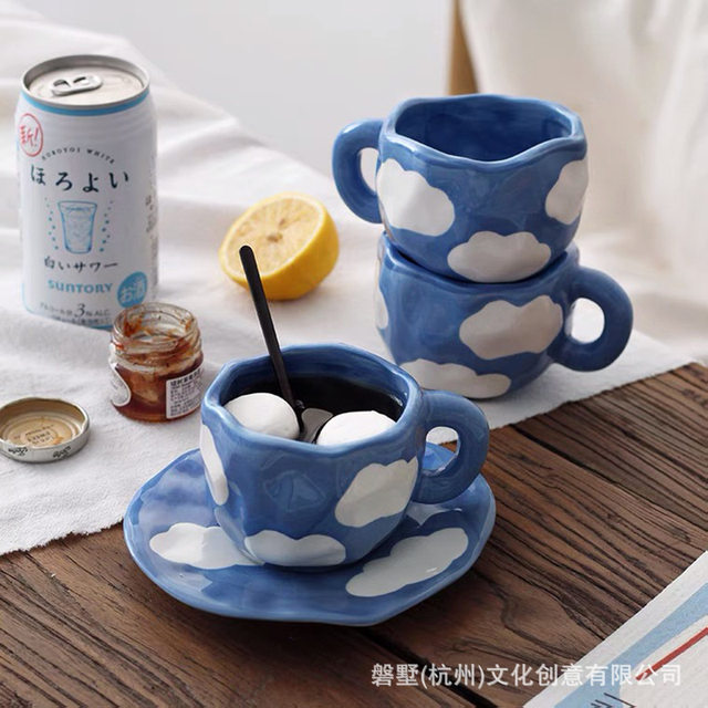 Creative Irregular Ceramic Hand-Painted Mug and Saucer Set, Exquisite Afternoon Tea, Women's Coffee Cup and Saucer Tea Set