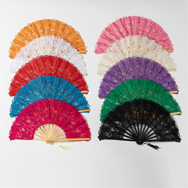 Lace Embroidered Lace Fan with Hollow Design, Vintage European-Style Court Fan, 23cm Folding Bamboo Fan, Dance Prop Performance Fan