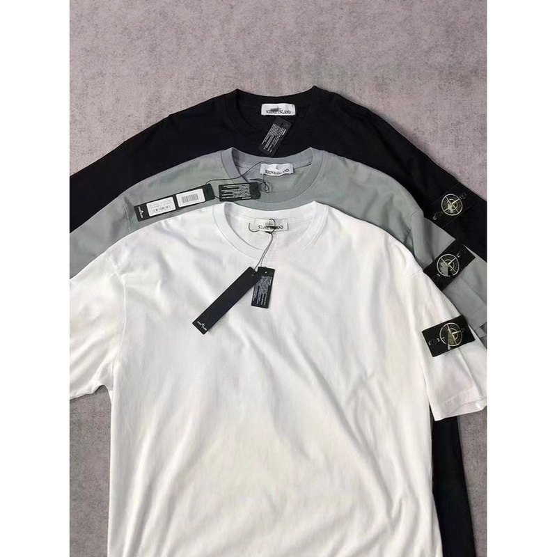 Stoneisdrey Stone Island Collaboration Solid Color Short-Sleeve T-Shirt with Logo Print, Loose Fit, Crew Neck, Couple's Base Shirt