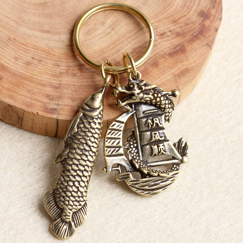 Brass Key Buckle Pure Bronze Handmade Golden Dragon Fish Gold Toad Pau Green Car Key Chain Small Pendant Pendant Man