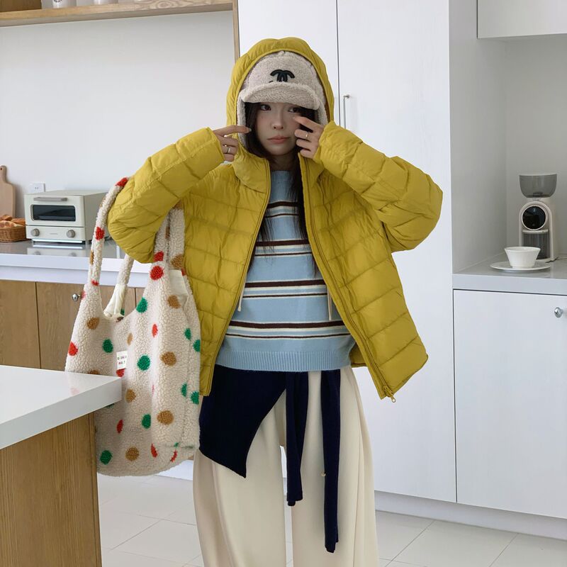 【Lightweight Ribbed Jacket】Simple Solid Color Ribbed Hooded Short down Jacket