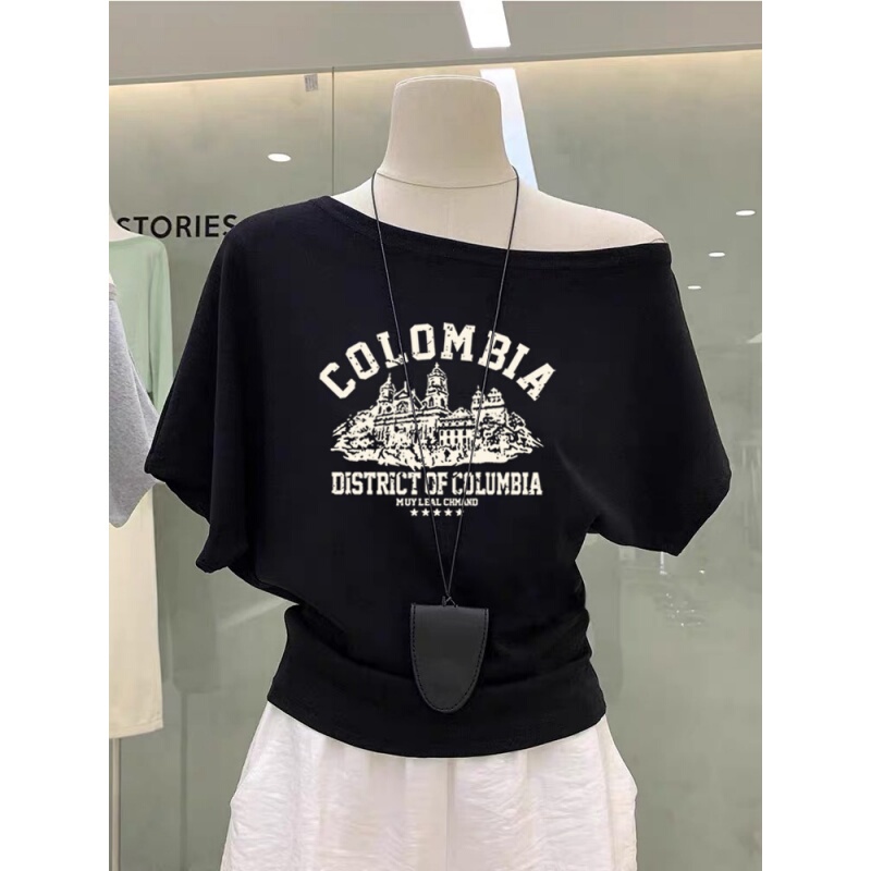 Niche Style One-Shoulder Pure Cotton Black Short-Sleeve T-Shirt for Women 2026 New Design with Side Waist-Cinching Slimming Top for Summer