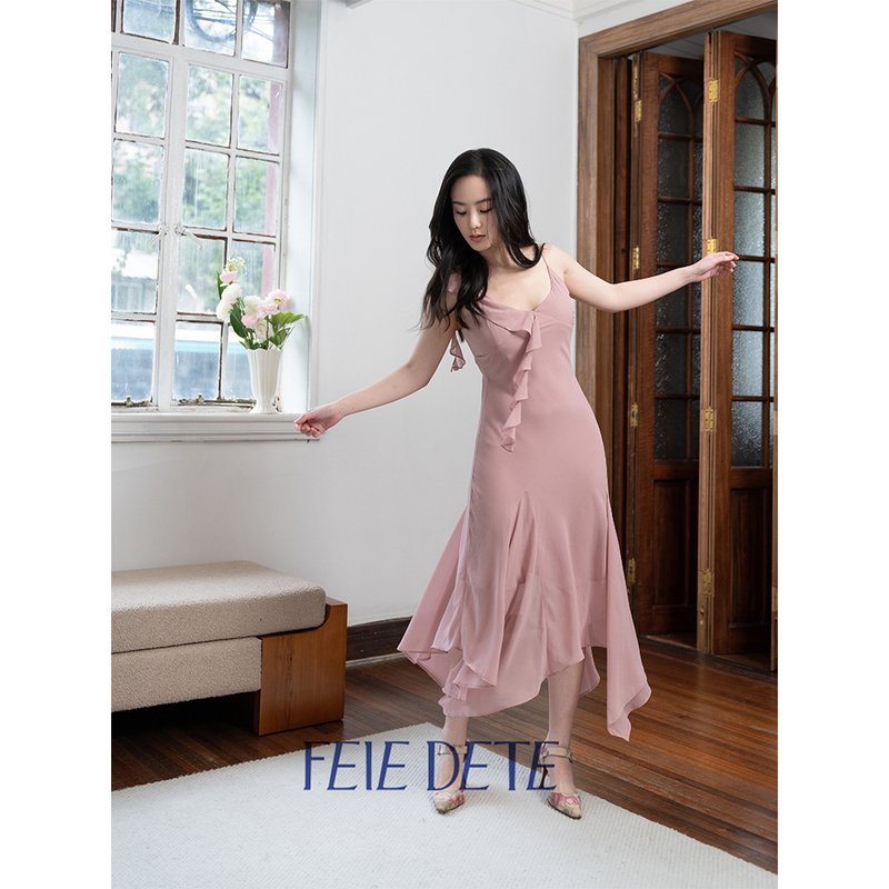 [Feiedete Goose] Streamer Collar Suspender French Large Swing Dress for Women Summer Pink High-End Long Skirt