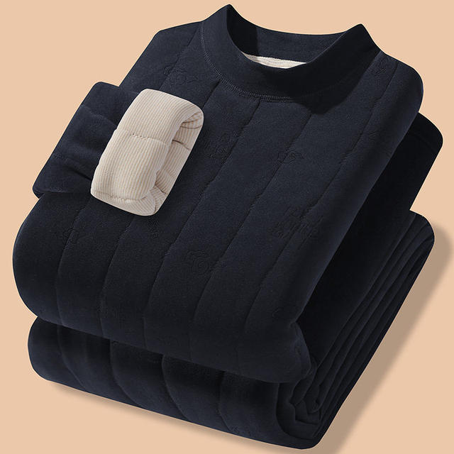 Men's wool quilted cotton thickened thermal underwear youth thermal tops and pants suits trendy winter home clothes complete set