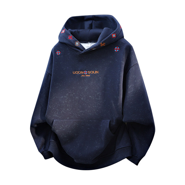 American-Style Tie-Dye Sweatshirt for Men, Autumn and Winter Heavy Fleece Hooded Pullover with Design Embroidery, Couple's Style Top