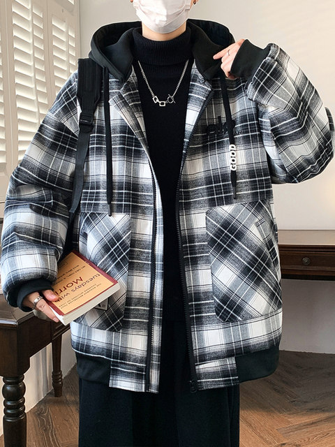 Men's velvet thickened jackets for teenagers and students, cotton-padded clothes, warm plaid cold-proof clothes, loose and handsome