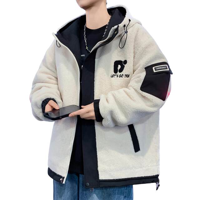 Lamb Wool Jacket Men's Winter Workwear Style Cotton-Padded Warm Hooded Jacket Men's Outdoor Cold-Proof Youth Cotton Jacket