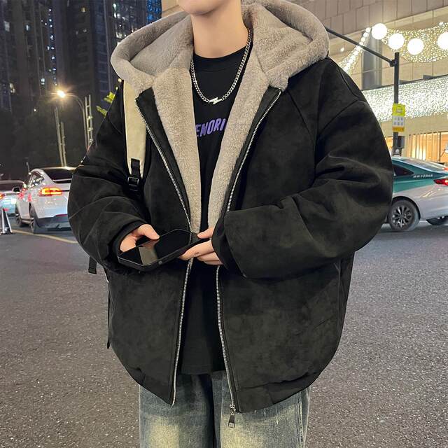 American-Style Oversized Motorcycle Jacket for Men, Autumn and Winter Fleece-Lined Thick Hooded Coat, Trendy Winter Suede Cotton Jacket