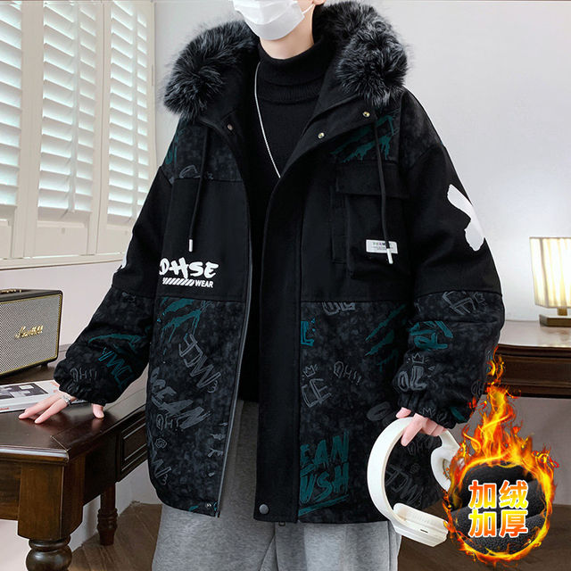 Winter new style teenage student male all-match velvet thickened washed mid-length printed overcoat cotton jacket