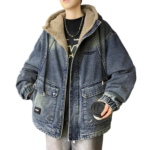 Plush denim jacket men's autumn and winter hooded jacket men's winter cotton coat thickened warm lambswool cold-proof cotton-padded jacket