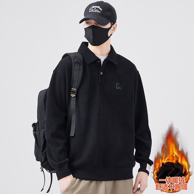 2025 new autumn and winter versatile student male lapel plus velvet Austrian fleece sweatshirt youth versatile fashionable tops for men