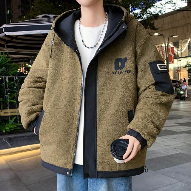 Lamb Wool Jacket Men's Winter Workwear Style Cotton-Padded Warm Hooded Jacket Men's Outdoor Cold-Proof Youth Cotton Jacket