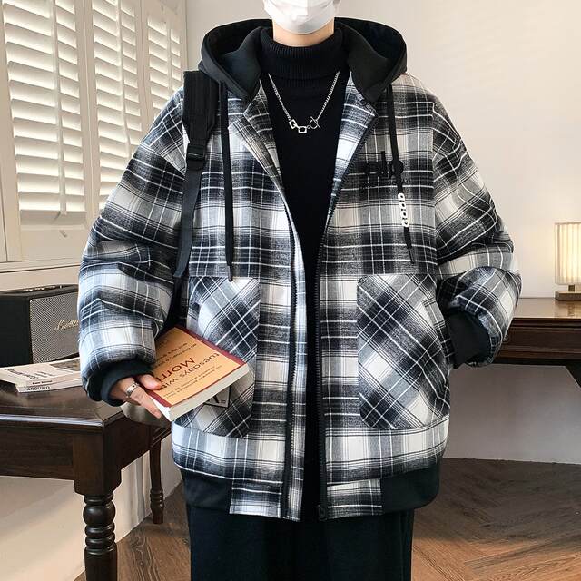 Detachable Hooded Jacket for Men, Autumn and Winter, New Style, Thickened with Fleece, Plaid Jacket, Loose Fit, Windproof Cotton Coat