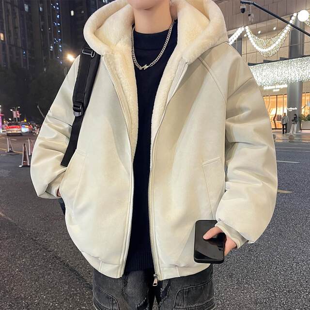 American-Style Oversized Motorcycle Jacket for Men, Autumn and Winter Fleece-Lined Thick Hooded Coat, Trendy Winter Suede Cotton Jacket