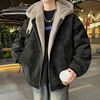 American-Style Oversized Motorcycle Jacket for Men, Autumn and Winter Fleece-Lined Thick Hooded Coat, Trendy Winter Suede Cotton Jacket