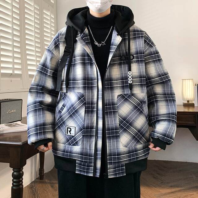Detachable Hooded Jacket for Men, Autumn and Winter, New Style, Thickened with Fleece, Plaid Jacket, Loose Fit, Windproof Cotton Coat