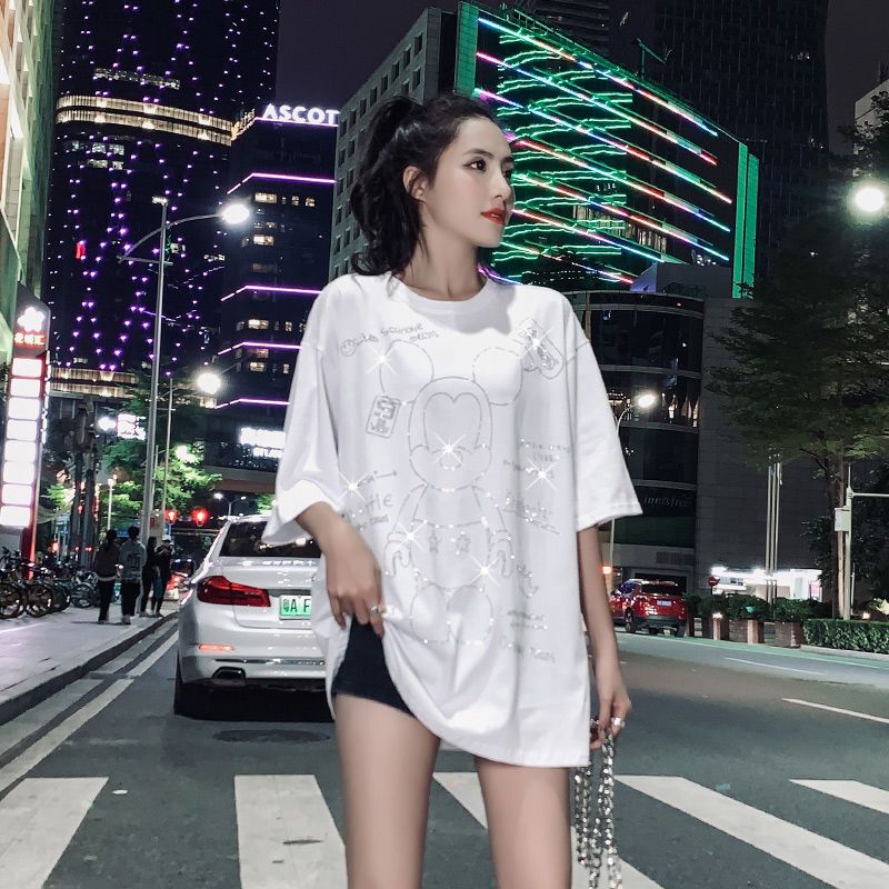 Plus-Size Women's Mickey T-Shirt with Rhinestones, 1.0-150kg Mid-Length Summer Loose-Fitting Large Size Trendy Top
