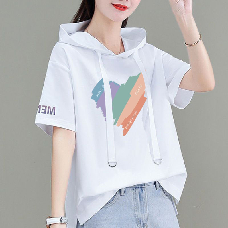 Plus Size 1.0-150kg Loose Heart-Shaped Hooded Short-Sleeve T-Shirt for Women 2026 Summer Fat mm Fashion Casual Stylish Top
