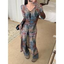 Young Ghost Horse Girl Oil Painting Printed Mesh Sunscreen Cardigan Dress Summer Retro Niche Design Slim Long Skirt