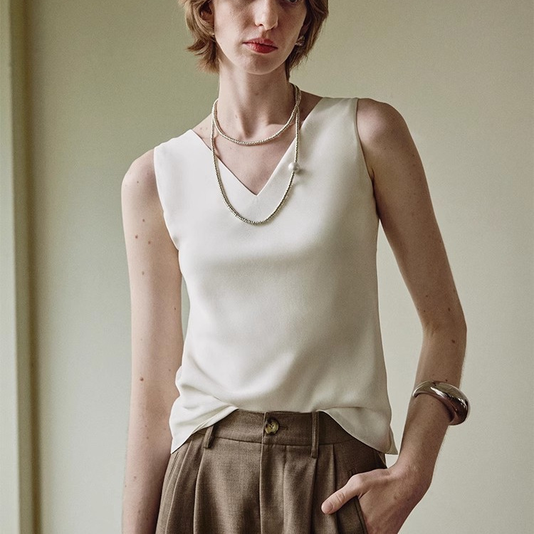 Reversible Heavyweight Double-Layer Silk V Neck Vest, Two-Layer Mulberry Silk Impermeable White Suspender Sleeveless Top