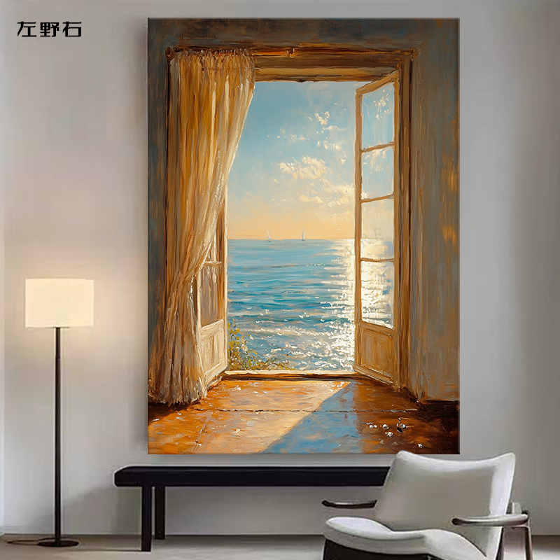 Hand-Painted Oil Painting of the Ocean, Modern Decorative Painting for Living Room Entrance, Vintage Sofa Niche Wall Art, American Style