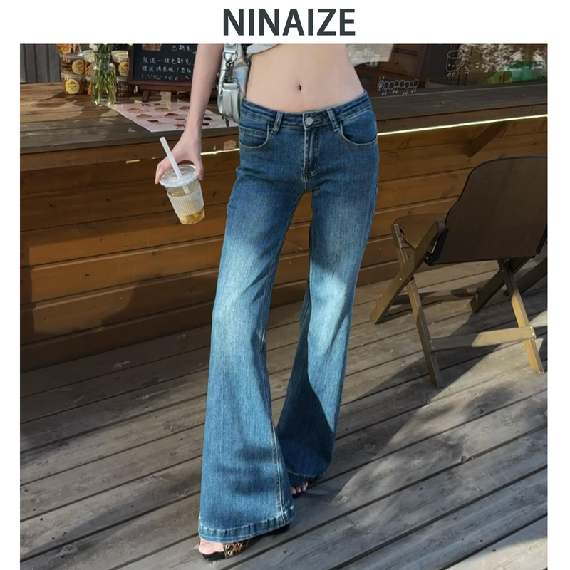 Ninaize Dark Blue Low-Waisted Flared Jeans for Women, Summer 2026 New Style, Non-Tight Elastic Flared Straight Pants