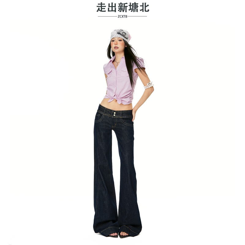 New Tang North Low-Rise Flared Jeans for Women 2026 Raw Denim Dark Blue American Style Spicy Girl Straight-Leg Pants