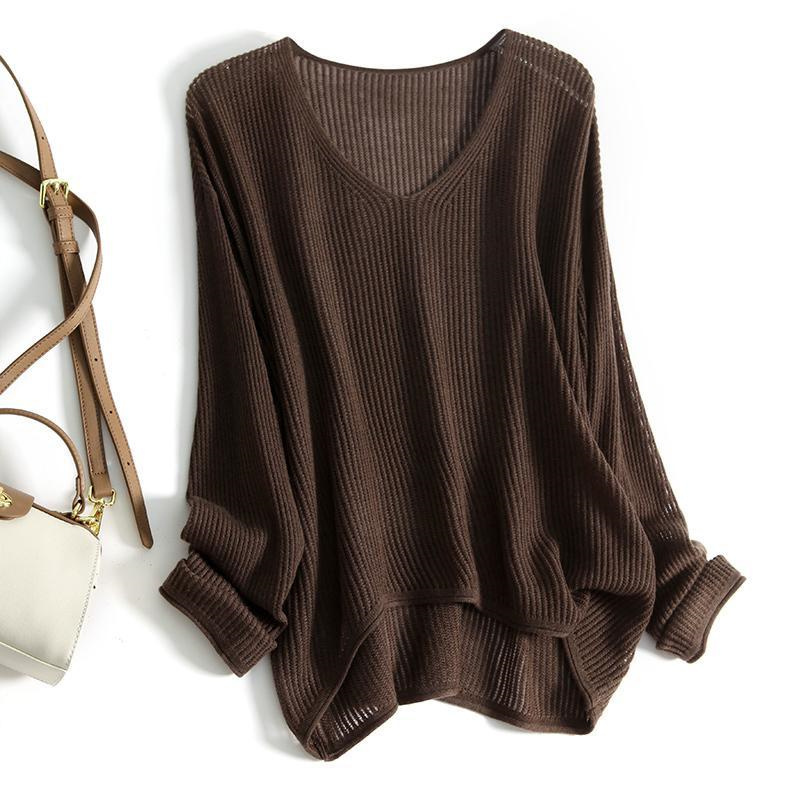 New Autumn and Winter Style for Plus-Size Women 150kg Loose and Versatile V-Neck Long-Sleeve Base Shirt, Large Size Slimming Sweater, Knitted Top for Women, Trendy