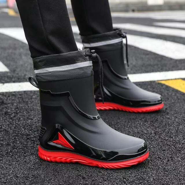 Men's Rain Boots with Cuffs, New Waterproof Shoes, Outdoor Water Boots, Kitchen Non-Slip Work Rubber Shoes, Fleece-Lined Cotton Warm Rain Boots