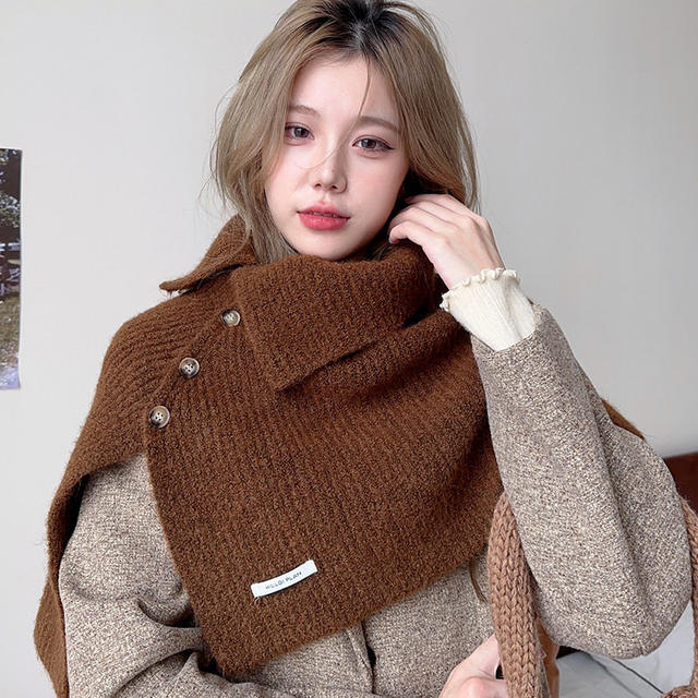 Korean-Style Wool Blend High-Neck Knit Shawl with Slit for Women, Autumn and Winter Outerwear, Versatile Warm Neck Warmer