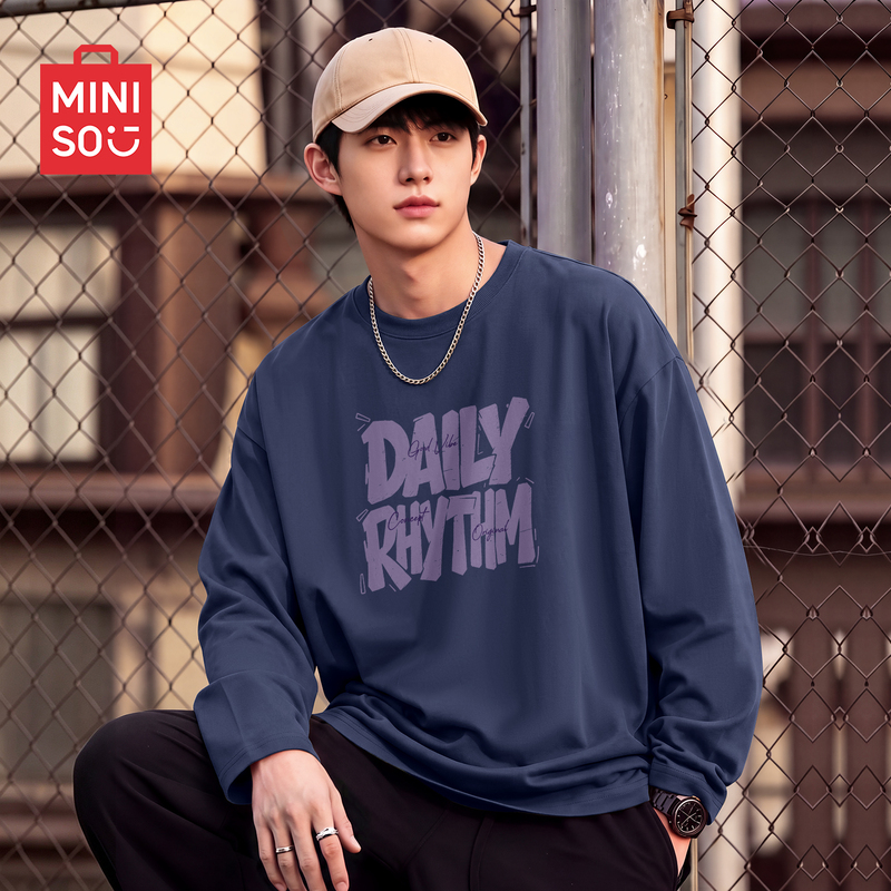 Miniso Premium Base Layer Shirt for Men, Autumn Trendy Korean Style Mixed Style Pullover, Heavyweight Pure Cotton Long-Sleeve T-Shirt for Men a Miniso Premium Base Layer Shirt for Men, Autumn Trendy Korean Style Mixed Style Pullover, Heavyweight Pure Cotton Long-Sleeve T-Shirt for Men a