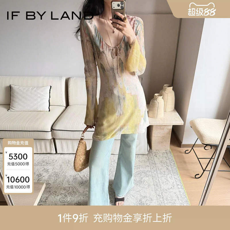 If by Land 2026 Spring/Summer New Collection Multi-Color Chiffon Wall Print Flared Sleeve Short/Long Dress