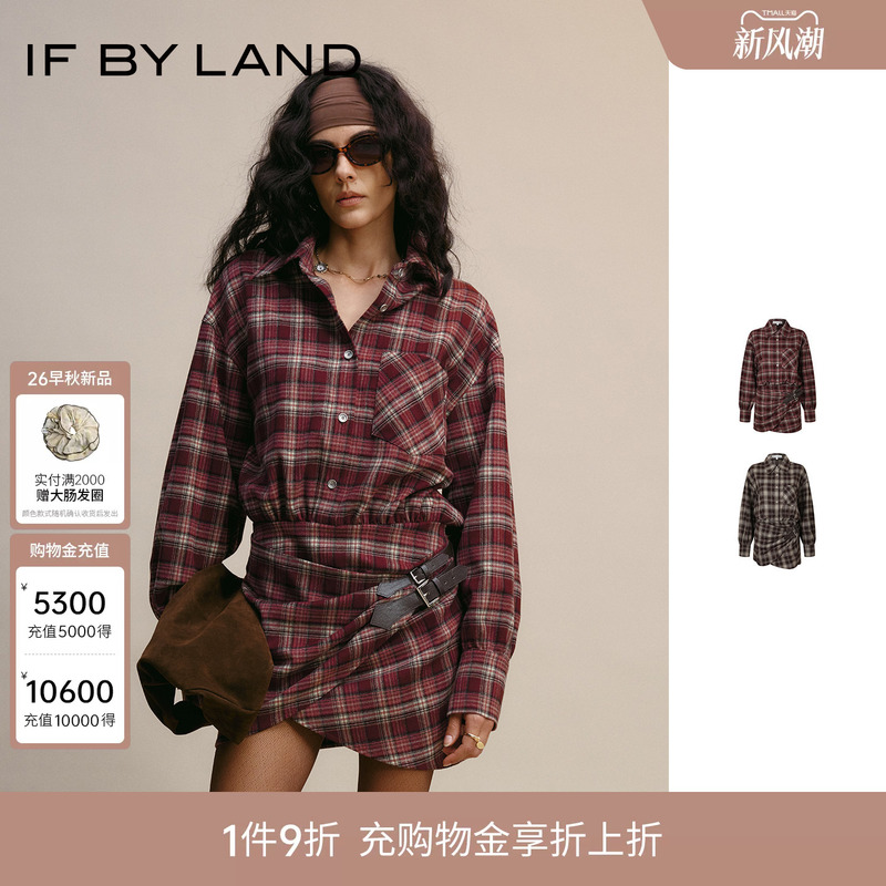 If by Land Designer Brand 26 Autumn New Collection Retro Plaid Patchwork Leather Strap Dress If by Land Designer Brand 26 Autumn New Collection Retro Plaid Patchwork Leather Strap Dress