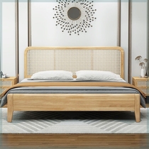 Rattan bed solid wood bed double bed 1 8 meters solid wood color simple modern 1 5 Nordic B&B Wabi-sabi rattan Nordic bed