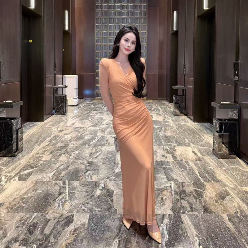 Early Autumn New Style French V-Neck Sequin Shiny Elegant Waist-Slimming Long-Sleeved Dress