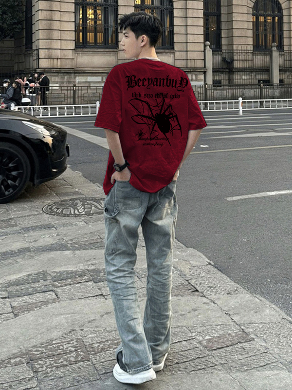 Burgundy Short-Sleeved T-Shirt for Men, Summer 2025 New American Style Trendy Brand Heavyweight Pure Cotton Round Neck Loose Half-Sleeve Top