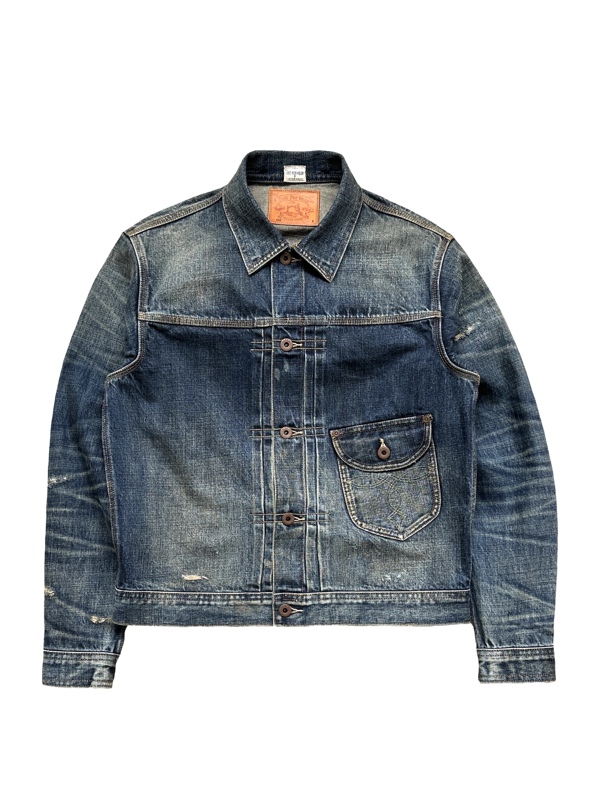 Cpw American Retro Washed Distressed Selvedge Paris Button Denim Jacket with Frayed Patches, Amekaji Style