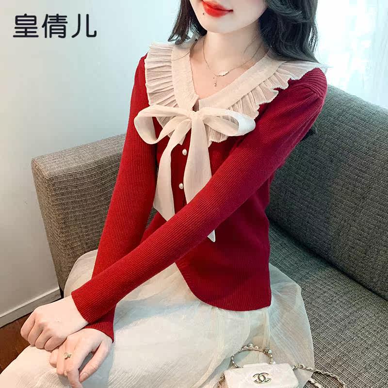 Doll Collar Knit Red Sweater Woman Autumn Winter 2023 Winter New Lady Foreign Pistachio's annual cardiovert blouses-Taobao