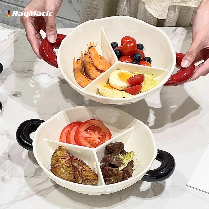 Ceramic Compartmentalized Dinner Plate, Children's Breakfast Plate, Postpartum Meal Plate, Adult Weight Loss Meal Plate, High Aesthetic Double-Handle Fruit Plate