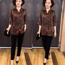 Mrs. Kuos summer mulberry silk top grandmas shirt three-quarter sleeves new middle-aged and elderly mothers silk jacquard shirt