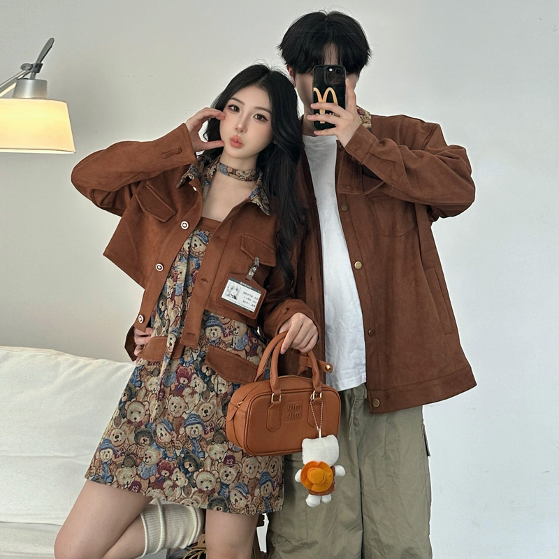 American Retro Suede Jacket 2026 Spring & Fall Suspender Dress Suit Couple Outfit One Long One Short Jacket