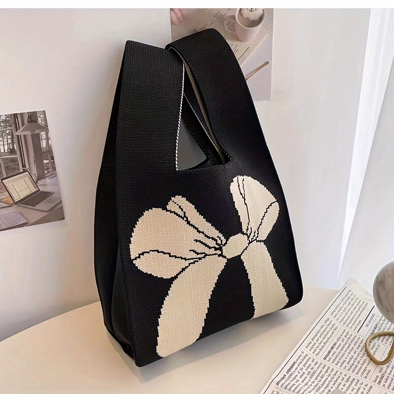 Knitted Handbag, Gift Bag, Bow Tie, Contrasting Color Woven Flower Handbag, Large Capacity Casual Woven Bag, Fashionable