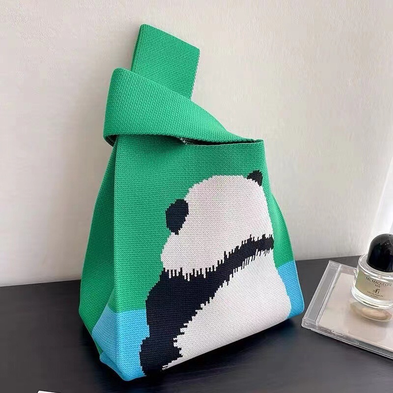 Tote Bag, Cartoon Style Knitted Bag, Souvenir Knitted Bag, Portable Storage Bag for Going Out, Panda Pattern Knitted Bag Tote Bag, Cartoon Style Knitted Bag, Souvenir Knitted Bag, Portable Storage Bag for Going Out, Panda Pattern Knitted Bag