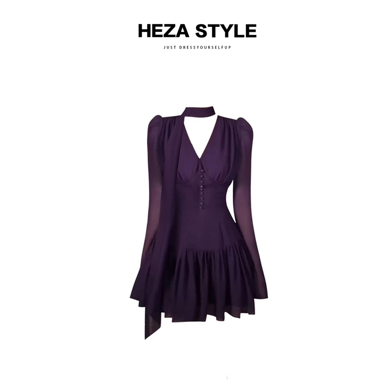 Heza Slightly Plump French Style Pure and Elegant V-Neck Long-Sleeved Dress for Women, Summer Sexy and Mature Purple A-Line Short Dress