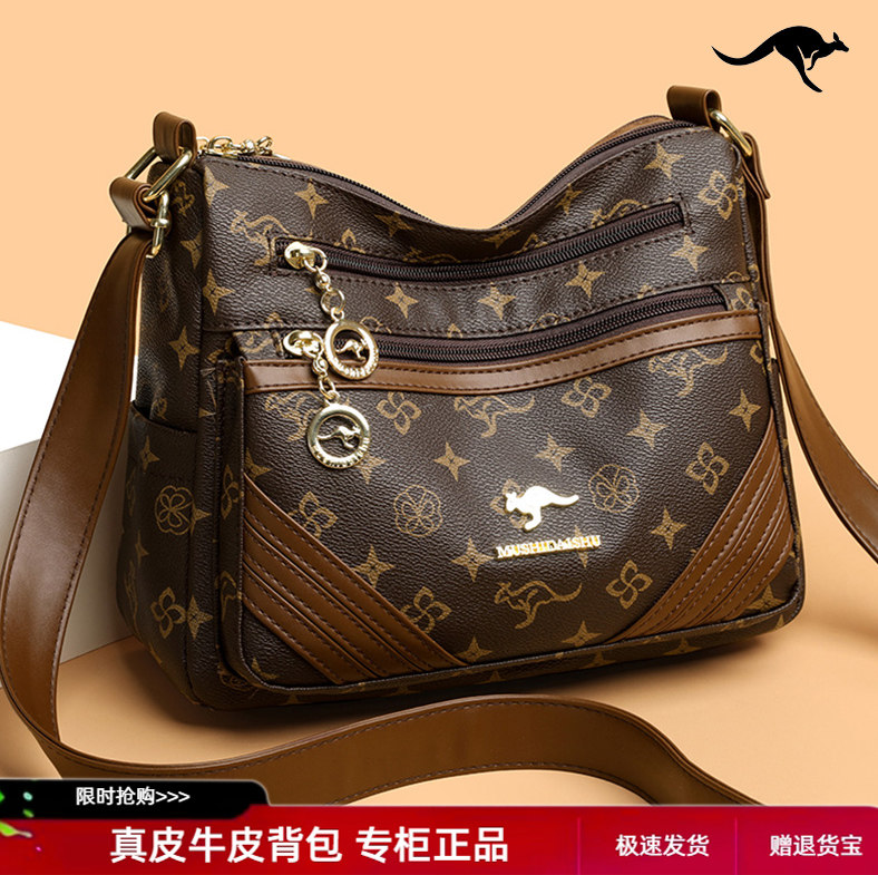 Кожаная женская сумка большой емкости с принтом, новинка 2025 года, сумка для мамы среднего возраста из мягкой кожи, многослойная сумка-мессенджер на плечо из воловьей кожи