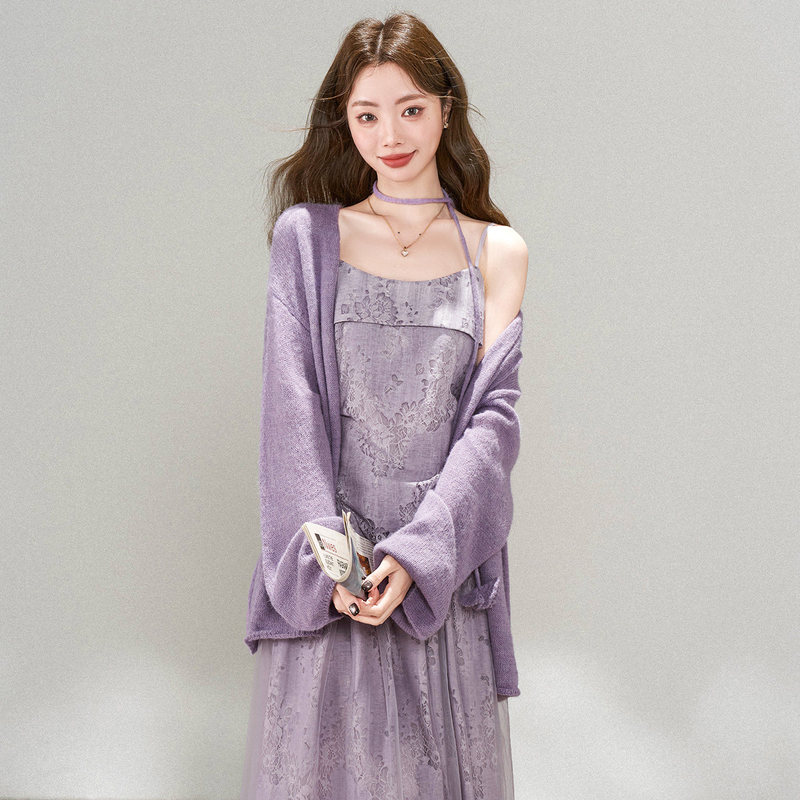 Su Xiaoli's Purple Knitted Cardigan for Women, Early Autumn Lazy Style, Loose and Soft Thin Sweater Jacket Outerwear