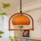 Vintage Amber Glass Retractable Pendant Light for Restaurant, Japanese-Style Solid Wood American-Style Bar Island Pull Cord Pendant Light
