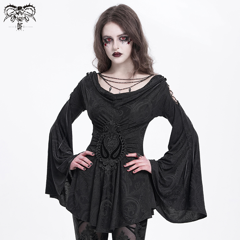 Devil Fashion Devil Fashion Dark Gothic Three-Dimensional Pattern Shoulder Hollow Long Sleeve T-Shirt Women Tt290