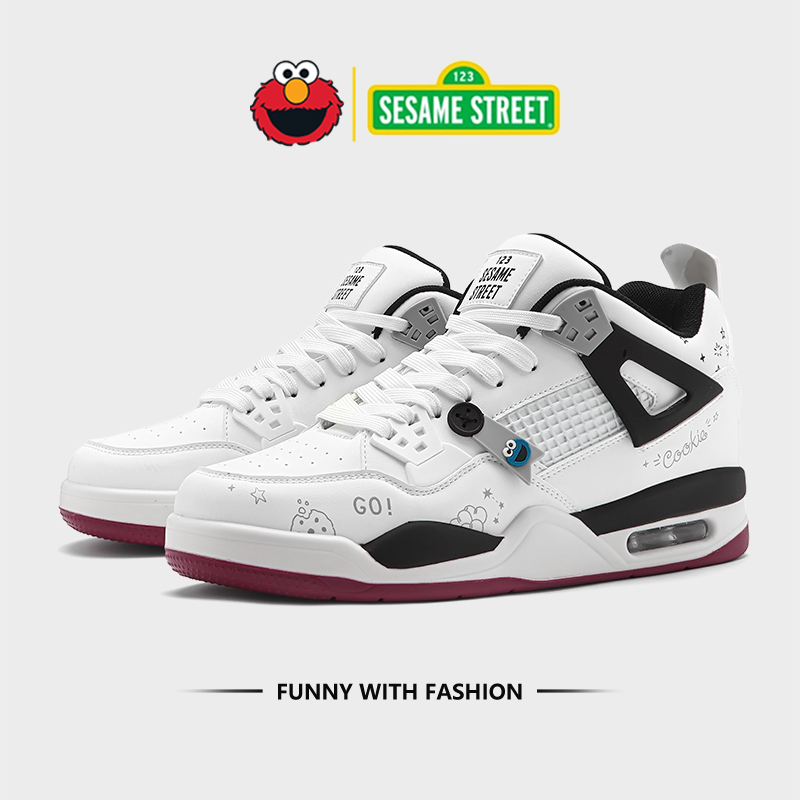 Sesame Street Shoes Men's White Sneakers High-Top Jordan 4 Sneakers Shock-Absorbing Wear-Resistant Casual Shoes Trendy